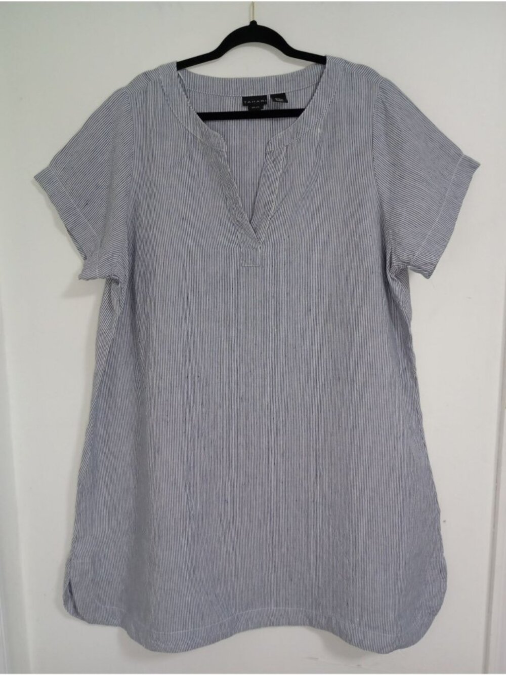 Tahari Linen Tunic Dress 2X Blue White Stripe Short Sleeve V-Neck Relaxed Fit